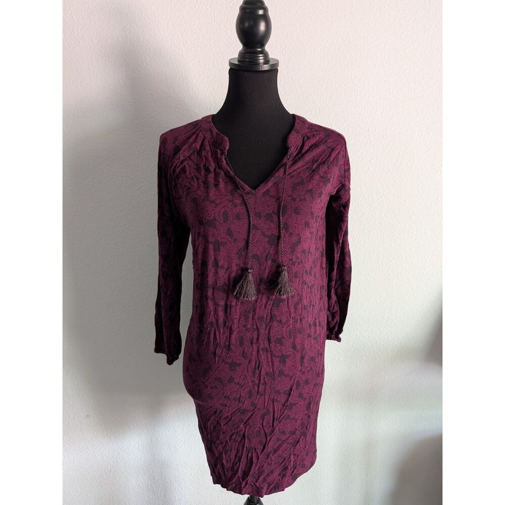 Burgundy Paisley Tunic Top Women's Medium Tassel Tie Boho Long Sleeve